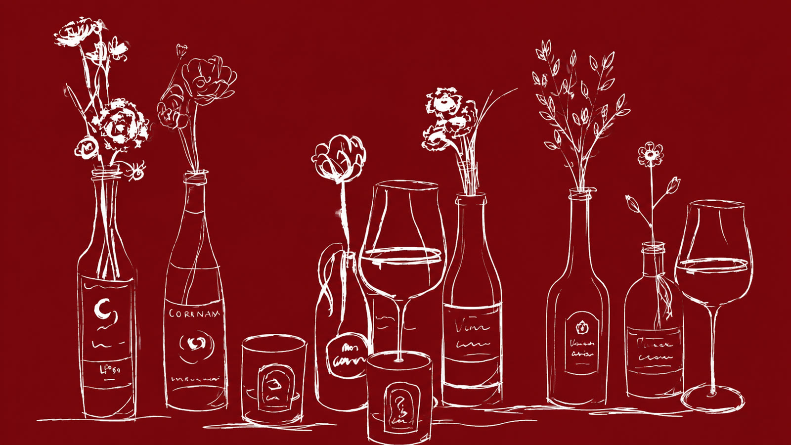 Ilustración de vinos, copas y flores — Bilbao Bebidas